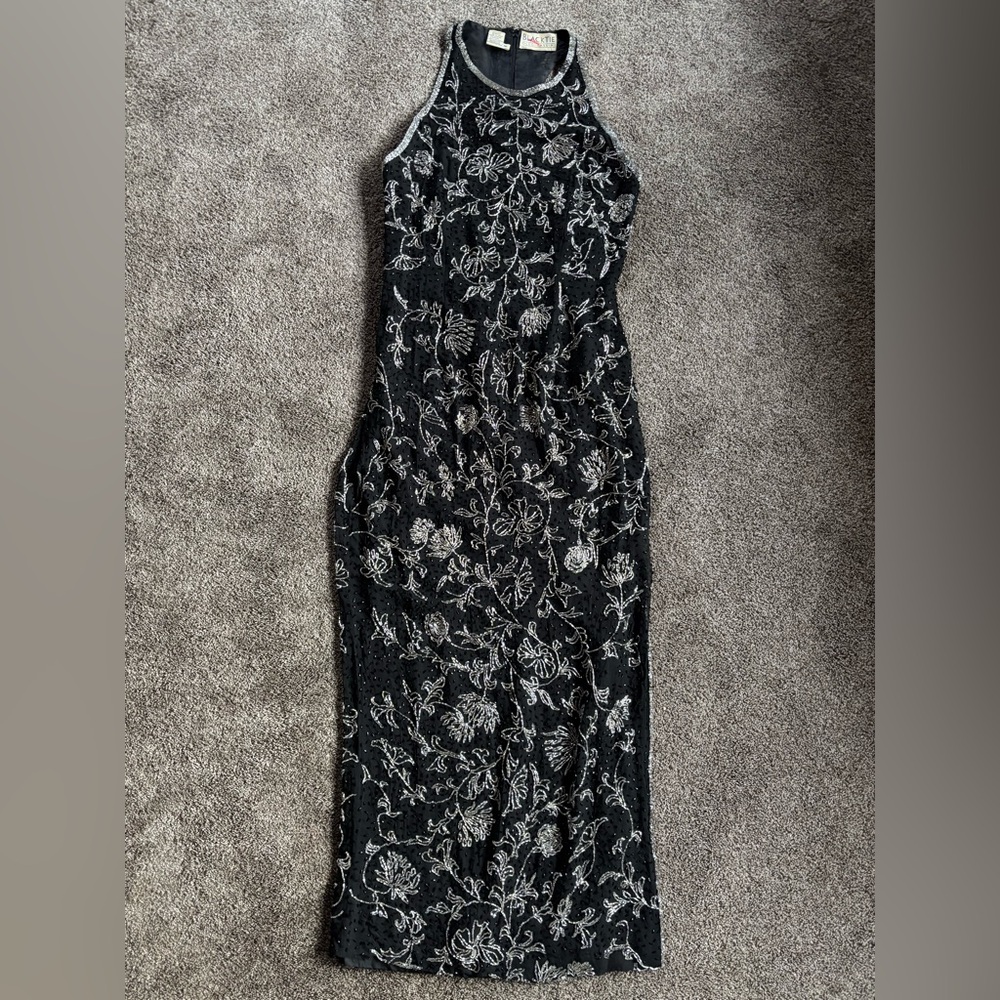 Oleg Cassini 100% Silk Heavy Black Maxi Dress with Silver Embroidery